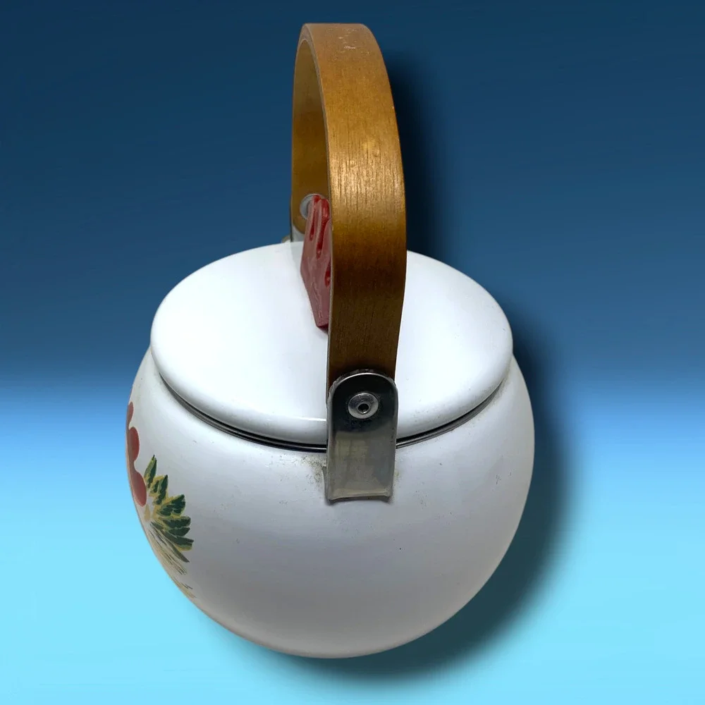 Vintage Rooster Enamel Tea Kettle White Country Farmhouse Wood Handle 8